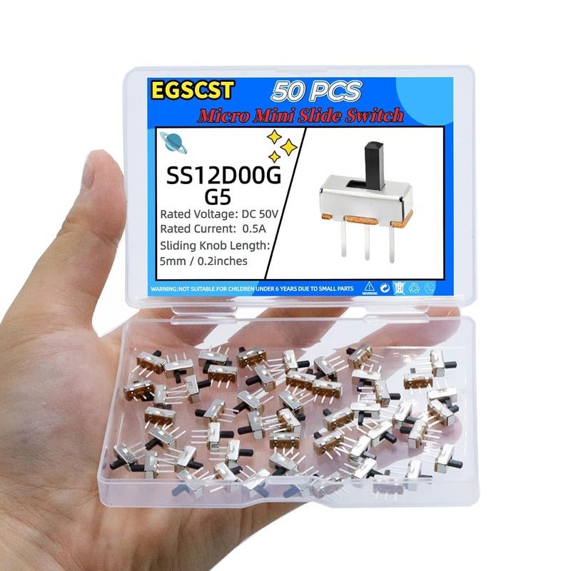 EGSCST 50PCS Micro Mini Slide Switch SPDT Toggle Switches 1p2t 2 Position 3 Pin Small Miniature Vertical Panel Mount Dip Knob for Arduino PCB Breadboard Electronic Project - SS12D00G 5mm DC 50V 0.5A - Image 5